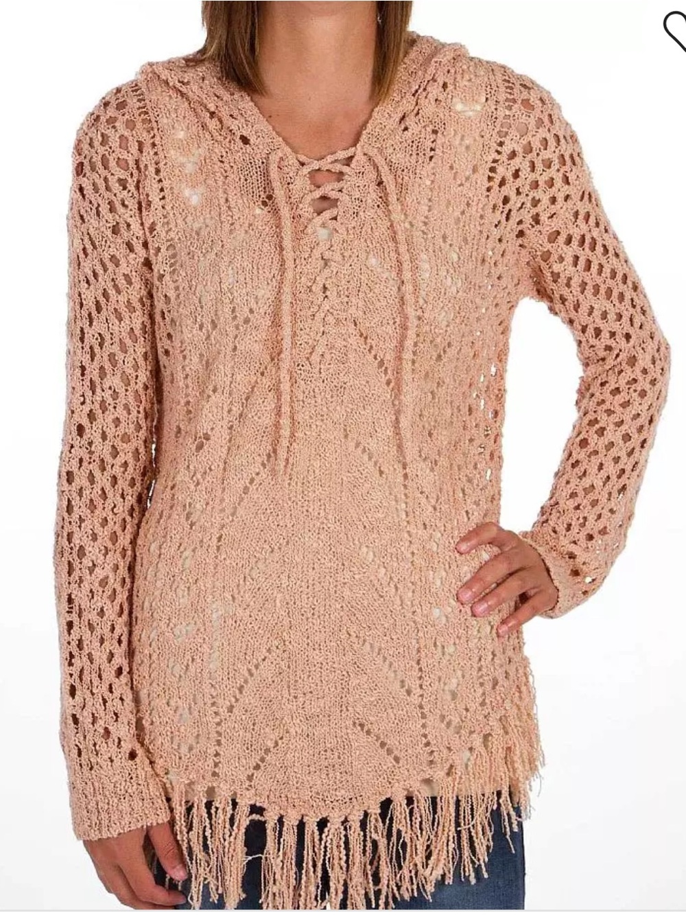 BKE Open-Knit Fringe Hooded Sweater - Tan Sz L New with Tags